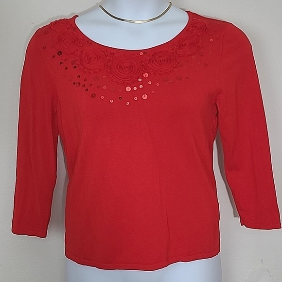 Ruby Rd. Red 3/4 Sleeve Scoop Neck Rose Appliqué Sequin Embellished Sweater Medi - Picture 2 of 4
